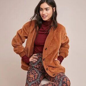 BAGATELLE | Faux Fur Button Front Cardigan Brown Tan Large